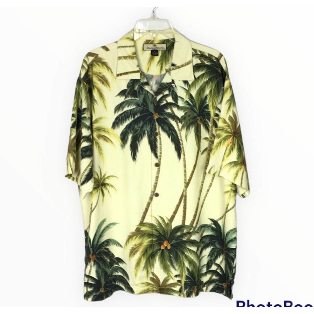 Tommy Bahama Cream Green Palm Tree Print Silk Shirt Men's M Button Down - Picture 1 of 6